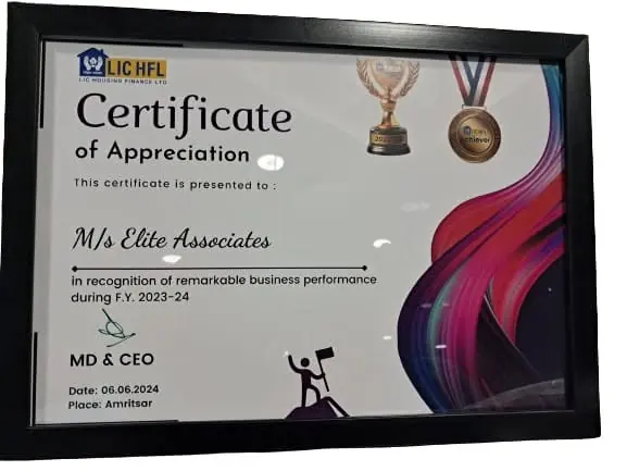 LIC HFL Certificate of Appreciation presented to M/s Elite Associates for remarkable business performance during FY 2023-24, signed by the MD and CEO