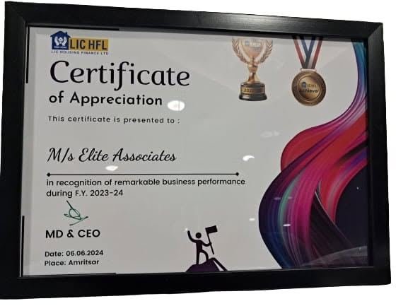 LIC HFL Certificate of Appreciation to M/s Elite Associates for business performance in FY 2023-24